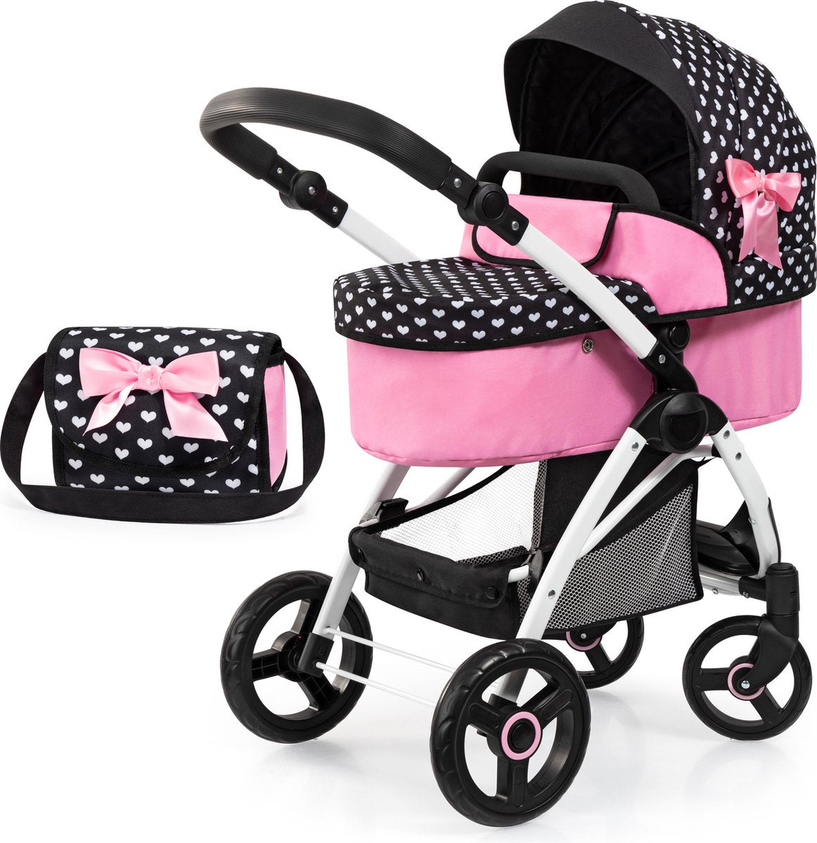 Bayer Design Puppenwagen City Max mit Tasche, höhenverstellbar, drehbare Räder vorne, umwandelbar in einen Buggy, integrierter Korb in Schwarz und Weiß