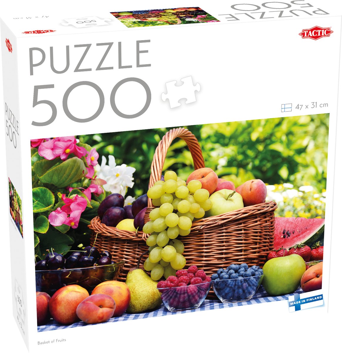 Tactic Obstkorb – Puzzle – 500 Teile – Korb mit bunten Früchten – Stillleben und Essensillustration – hohe skandinavische Qualität