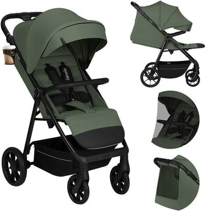 Lionelo Iva – Kinderwagen Buggy Premium – 6 Monate 4 Jahre (bis 22 kg) – 360° drehbare Räder mit Federung – Magnetgurt – XXL-Sonnenverdeck UPF50 – verstellbare Rückenlehne, Fußstützen-Schiebegriff – großer Einkaufskorb – Stadtgelände – Kinderwagen