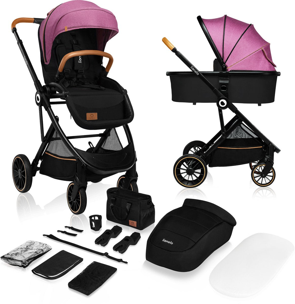 Lionelo Riya – Kinderwagen 2 in 1 – Wiege + Kinderwagen – 0–15 kg – faltbar – XXL-Sonnenverdeck – verstellbare Rückenlehne – große PU-Räder – Zubehörset – verstellbare Schiebestange – für Heckmontage