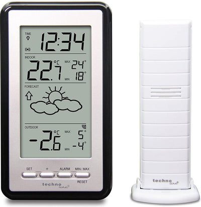 Technoline ws 9130 – Wetterstation – Tisch- oder Wandstation – Innen- und Außentemperatur – Funkuhr – Alarm – Schlummerfunktion – Silber – Schwarz