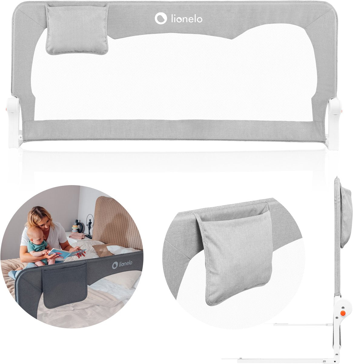 Lionelo Hanna – Bettgitter 150x66 cm – 180° klappbar – Aluminiumrahmen – sicherer Gurtstand – bis 27 kg – luftiges Netz – für Matratzen bis 45 cm – SGS-zertifiziert – reisefreundlich – einfache Montage