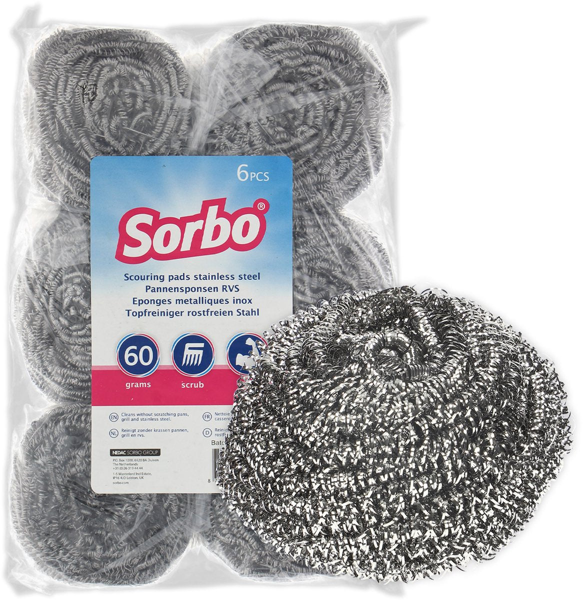 Sorbo – Metall-Scheuerschwamm – 6er-Set – starke Edelstahl-Scheuerschwämme 60 Gramm – entfernt hartnäckigen Schmutz von Pfannen, Backofengrill