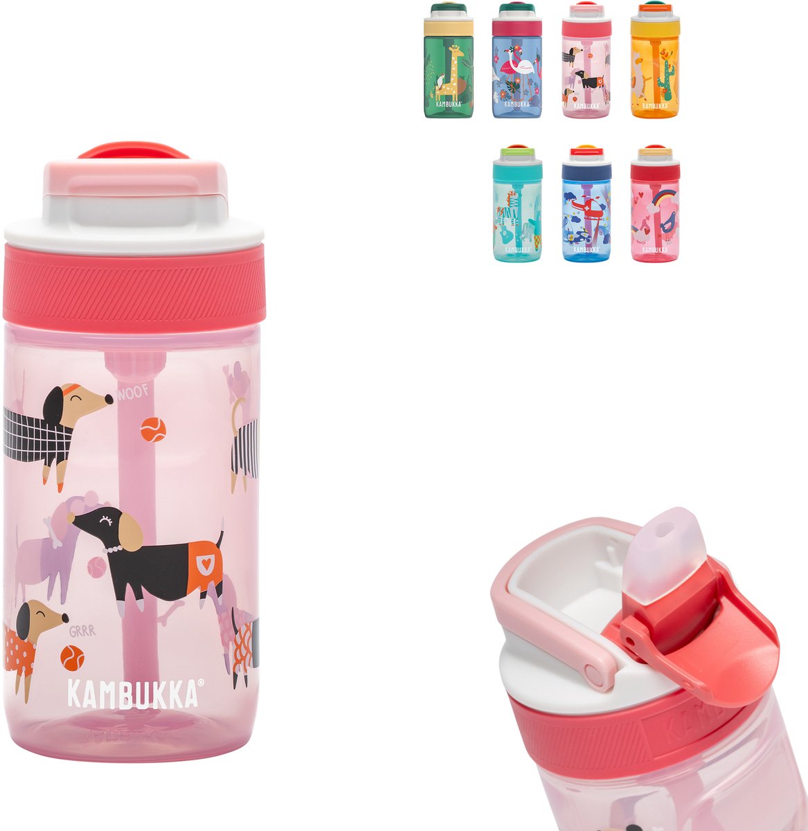 Kambukka Lagoon Trinkflasche für Kinder 400ml Diva Dogs – mit integriertem Strohhalm – Trinkflasche für Kinder – Trinkbecher für die Schule