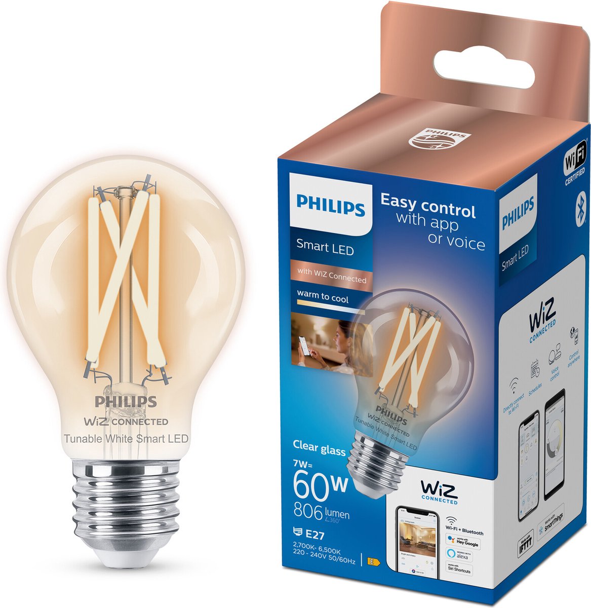 Philips intelligente Beleuchtung – Lampenfaden – intelligente LED-Beleuchtung – warmes bis kühles weißes Licht – E27 – 60 W – transparent – WLAN