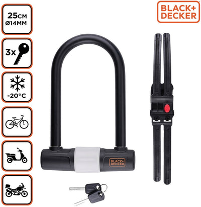 Black+decker Bügelschloss – Fahrradschloss, Rollerschloss, Motorradschloss – 14 x 25 cm – 3 Ersatzschlüssel