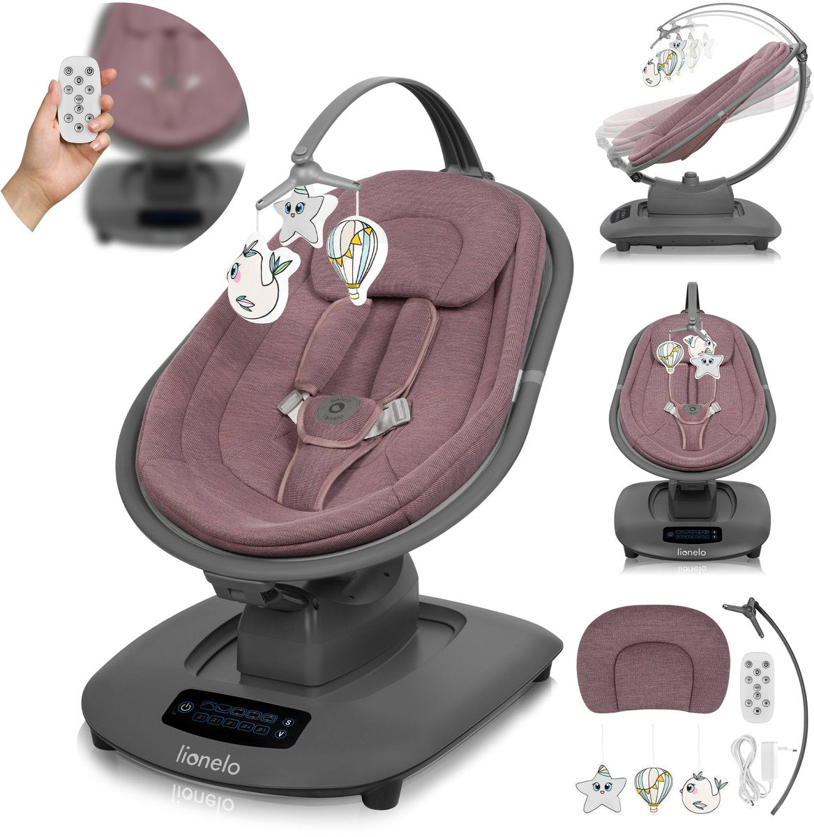 Lionelo Blossom elektrischer Schaukelstuhl – 5 Schaukelpositionen – atmungsaktives Bambusgewebe – Fernbedienung – 5 Melodien Naturgeräusche – Schaukelstuhl für Babys – stufenlose Verstellung – 5-Punkt-Gurt – geeignet für bis zu 9 kg