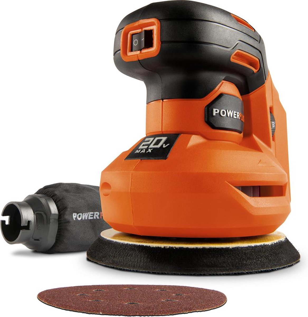 Powerplus Dual Power Exzenter-Akkuschleifer powdp50400 – 20 V, Schleifpapier ᴓ125 mm – 24000 min-1 – ohne Akku und Ladegerät, mit 1 Akku.