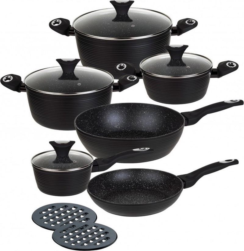 Klausberg 7244 Pfannenset - 12-teilig - Marmor-Keramik-Beschichtung - geschmiedetes Aluminium - Cool Touch - induktionsgeeignet alle Herdarten - schwarz