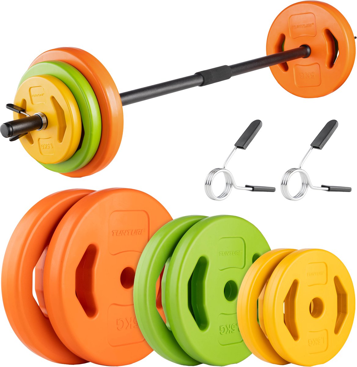 Tunturi Aerobic-Pumpgewichtsset 20kg – Hantelset mit 6 Platten – inkl. Langhantel - mit Schaumgummi-Schutzschicht - inkl. kostenlose Fitness-App