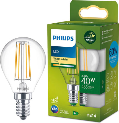Philips LED Philips ultraeffiziente LED-Kugellampe transparent – 40 W – E14 – warmweißes Licht – Energielabel a