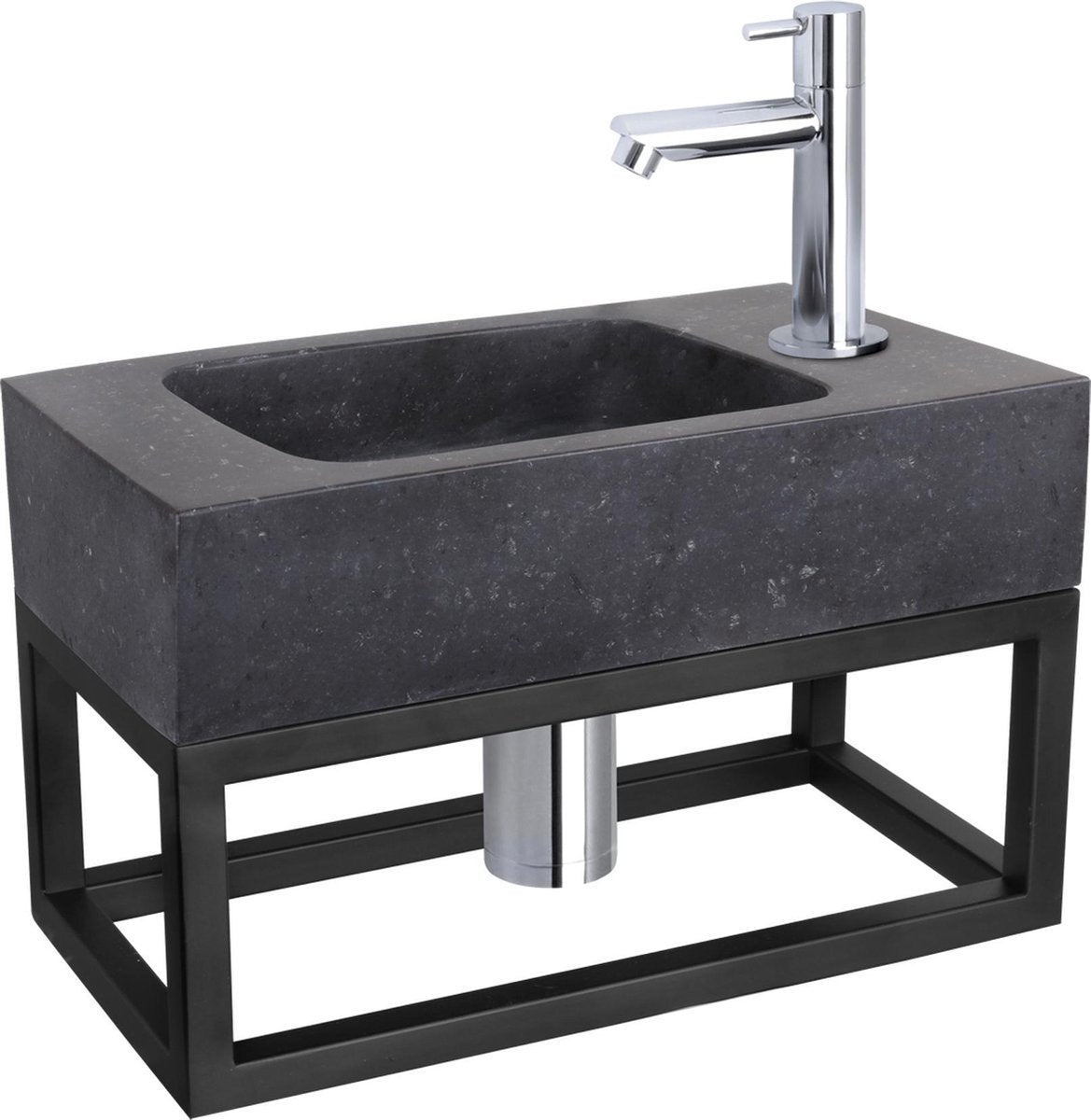 Differnz Brunnenset Bombai Schwarz – Naturstein – Wasserhahn gerade Chrom – mit Handtuchhalter – 40 x 22 x 9 cm