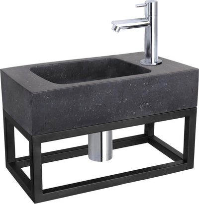 Differnz Brunnenset Bombai Schwarz – Naturstein – Wasserhahn gerade Chrom – mit Handtuchhalter – 40 x 22 x 9 cm