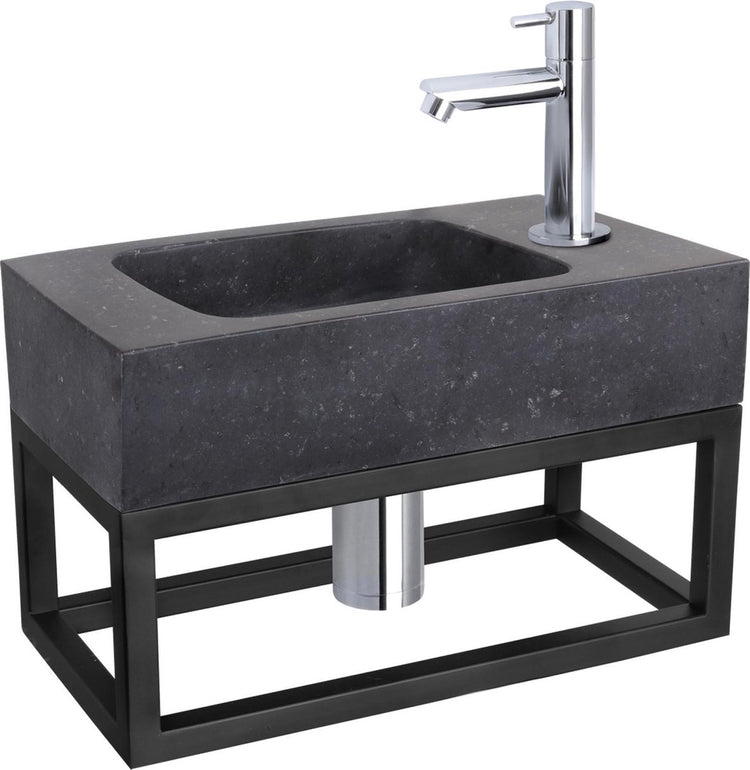 Differnz Brunnenset Bombai Schwarz – Naturstein – Wasserhahn gerade Chrom – mit Handtuchhalter – 40 x 22 x 9 cm