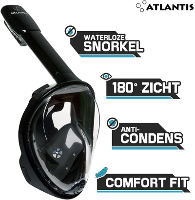 Atlantis Schnorchelmaske - Taucherbrille - Schnorchel - Schnorchelset - Vollgesichtsmaske - Erwachsene - Schwarz - S m