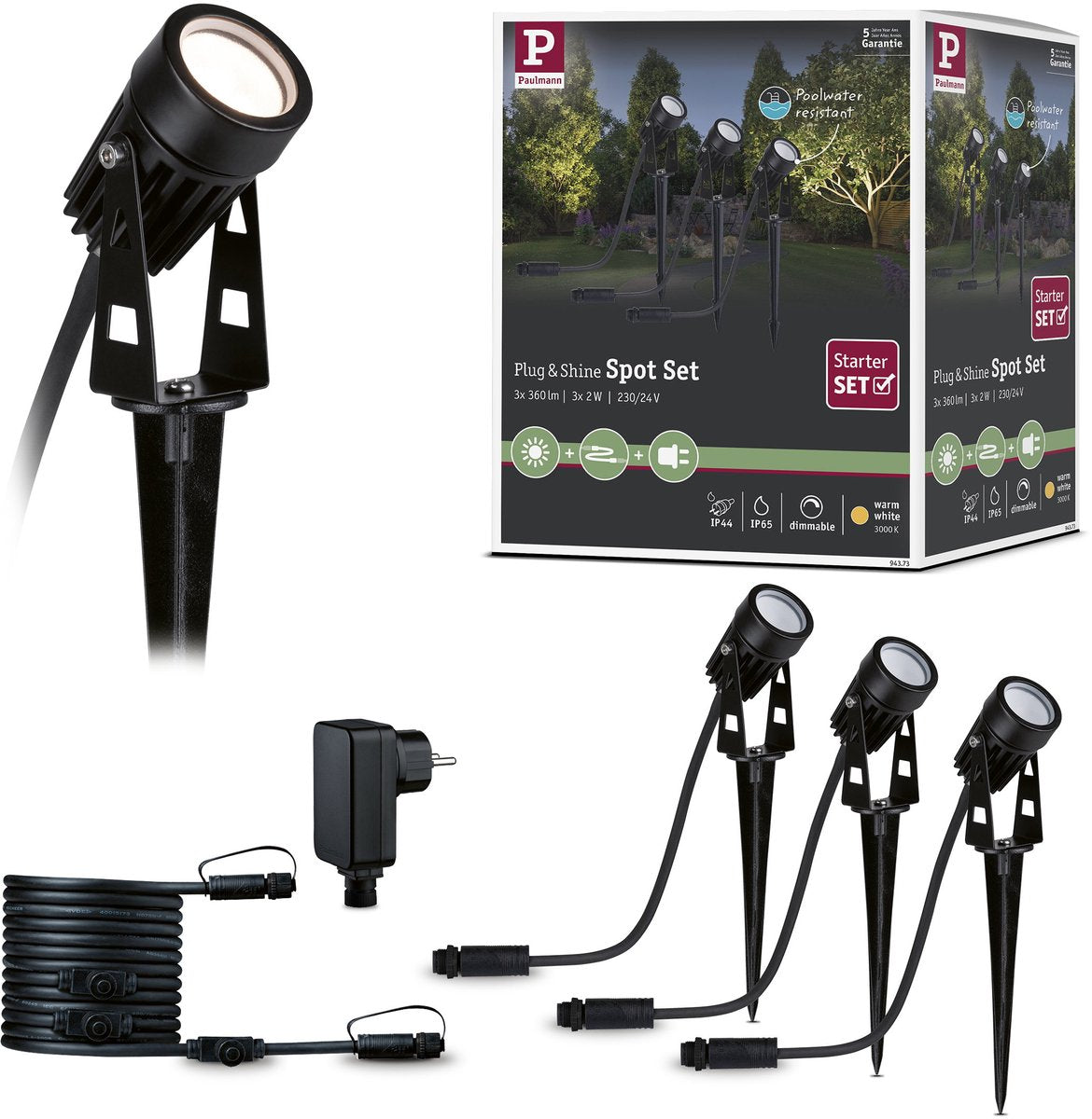 Paulmann Plug Shine LED Gartenstrahler Warmweiß Basisset IP65 3000K 3x2W 21VA Schwarz