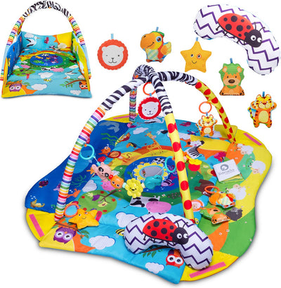 Lionelo Anika Plus 2-in-1 Baby-Gym-Spielmatte – mit erhöhten Rändern (Laufgitterfunktion) – inklusive Bauch-Zeitkissen, interaktives Heft 5 Spielzeuge – 115 x 110 cm