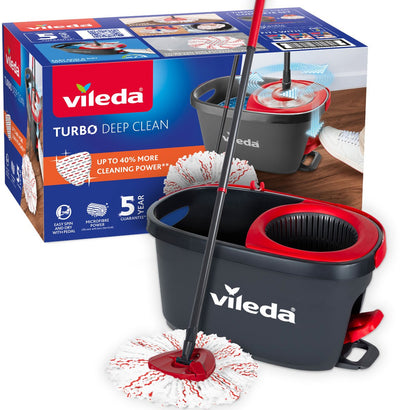 Vileda Turbo Deep Clean – komplettes rotierendes Wischmopp-Set mit Eimer mit Pedaldruck – Teleskopstiel 65–131 cm – leistungsstarker Mikrofaser-Wischmopp