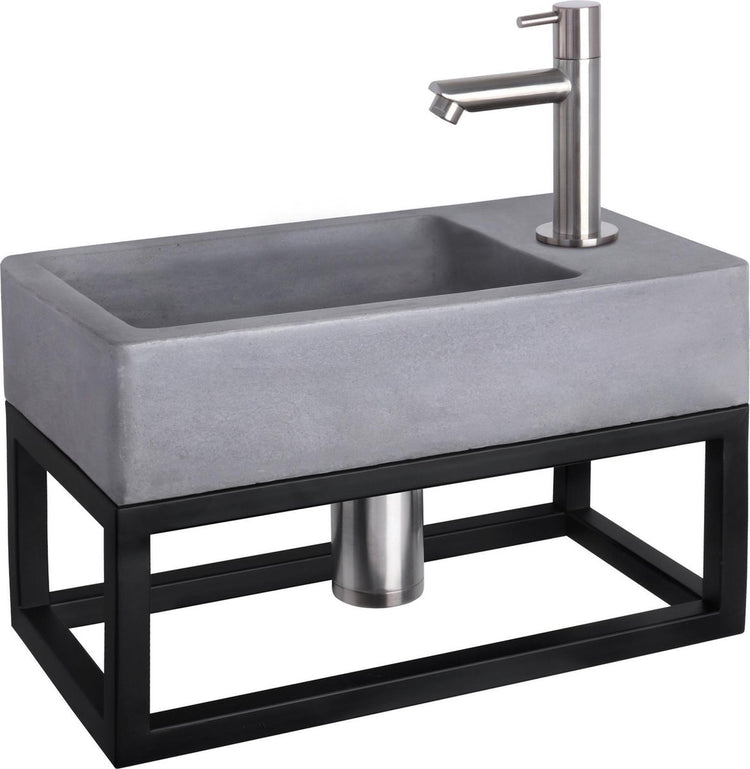 Differnz Force Springbrunnen-Set – Beton dunkelgrau – Wasserhahn gerade Chrom matt – mit Handtuchhalter – 40 x 22 x 9 cm