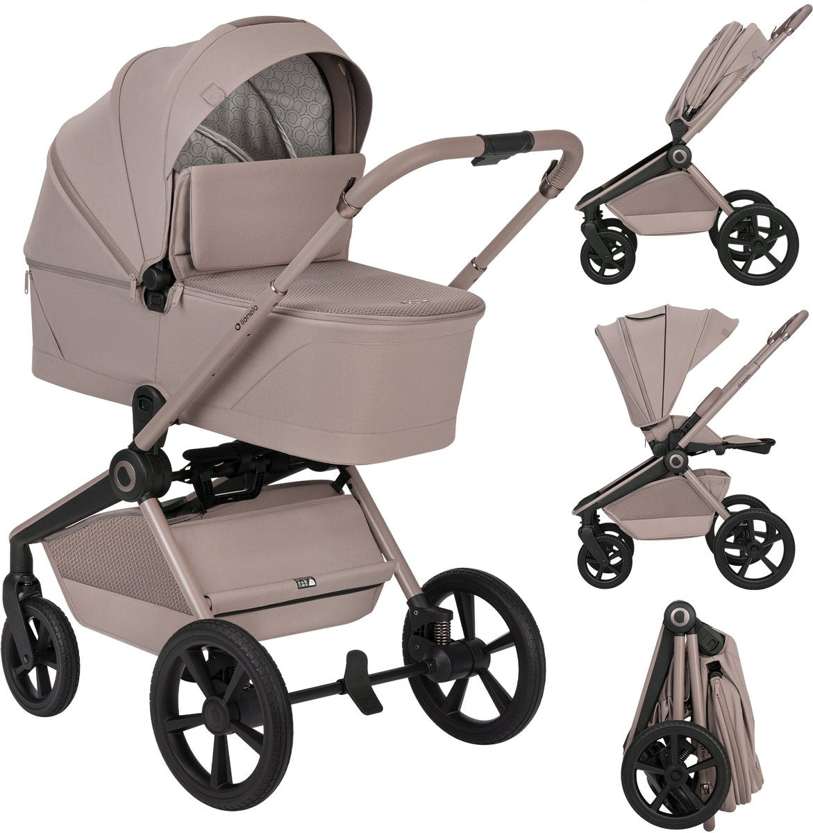Lionelo Freya 3in1 Kinderwagen-Set – Babywanne, Kinderwagen Astrid i-Size-Autositz (40–87 cm) – Premium – von der Geburt bis 22 kg – PU-Räder mit Federung – umkehrbarer Sitz – UPF50+-Verdeck