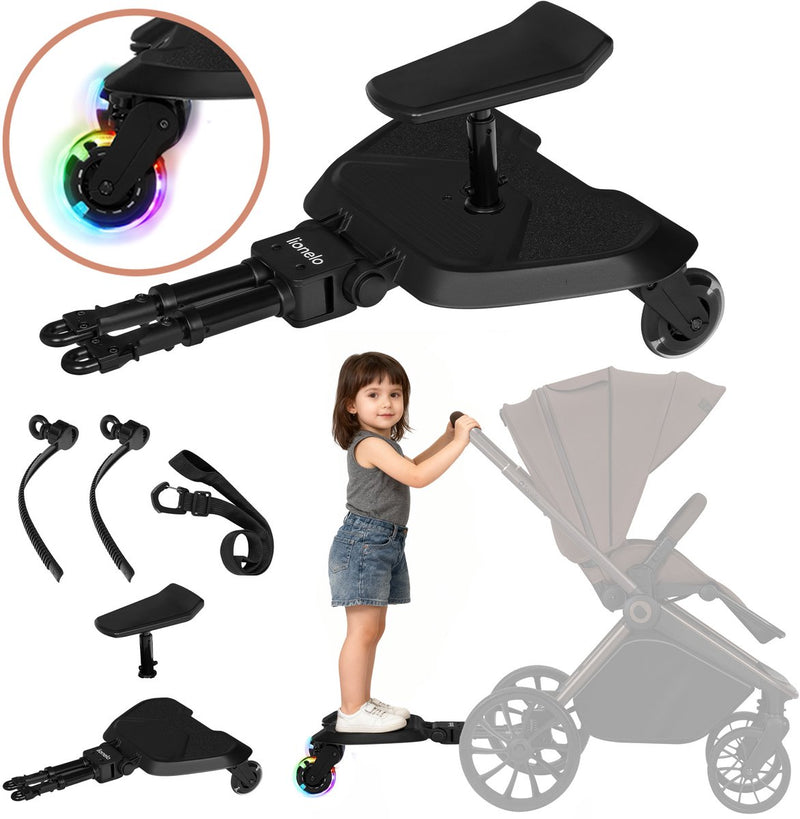 Lionelo Buggy Board Rollbrett – Kinderwagenstufe – Sitz- und Stehmöglichkeit – universell – LED-Räder – verstellbarer Sitz – rutschfeste Plattform – bis 25 kg – 2–5 Jahre – einfache Montage