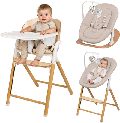 Lionelo Celia-Set – 4-in-1-Schaukelstuhl, Hochstuhl aus Holz – Baby-Set, 5-Punkt-Gurt – verstellbare Sitzhöhe, Fußstütze – für Babys, Kleinkinder, Erwachsene – Premium-Buchenholz – inklusive Spielbogen und Tablett