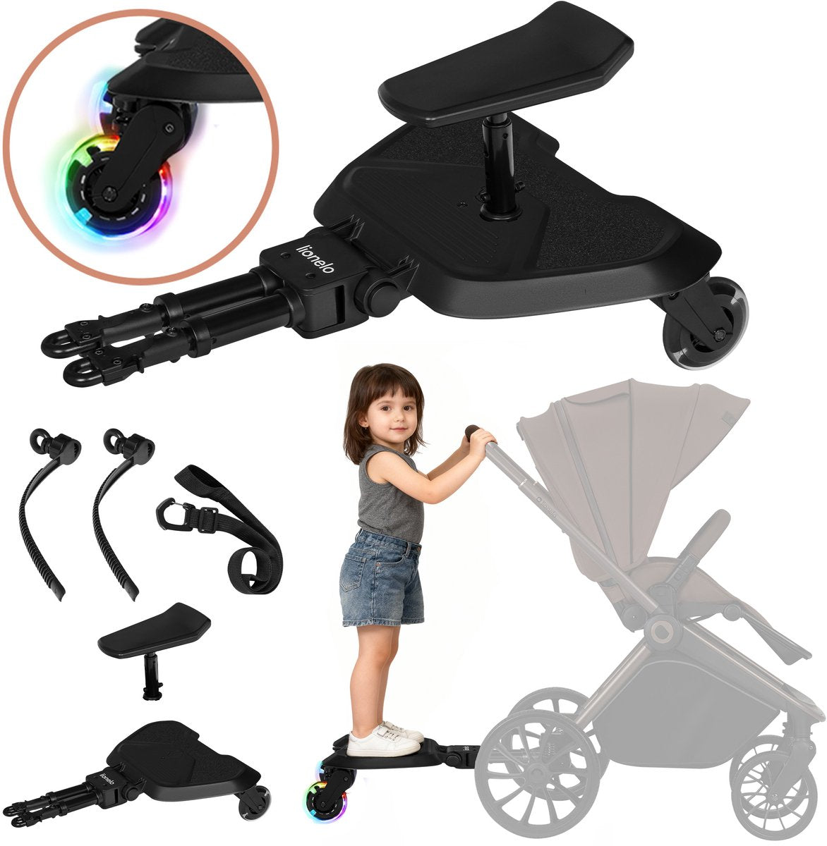 Lionelo Buggy Board Rollbrett – Kinderwagenstufe – Sitz- und Stehmöglichkeit – universell – LED-Räder – verstellbarer Sitz – rutschfeste Plattform – bis 25 kg – 2–5 Jahre – einfache Montage