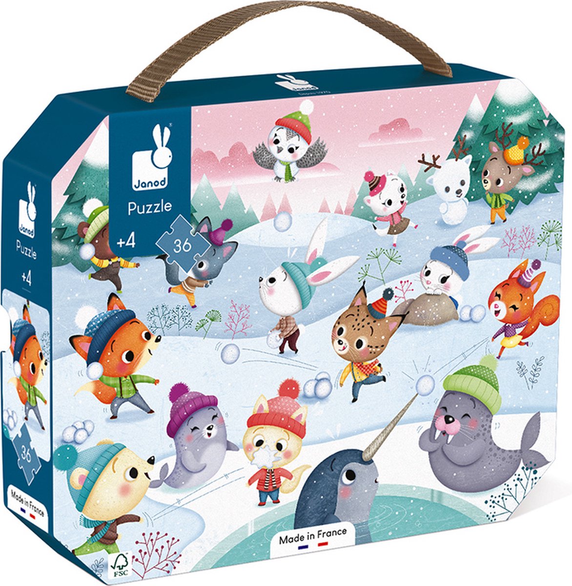 Janod - Puzzle Schneeparty - im Puzzlekoffer - 36 Teile - geeignet ab 4 Jahren
