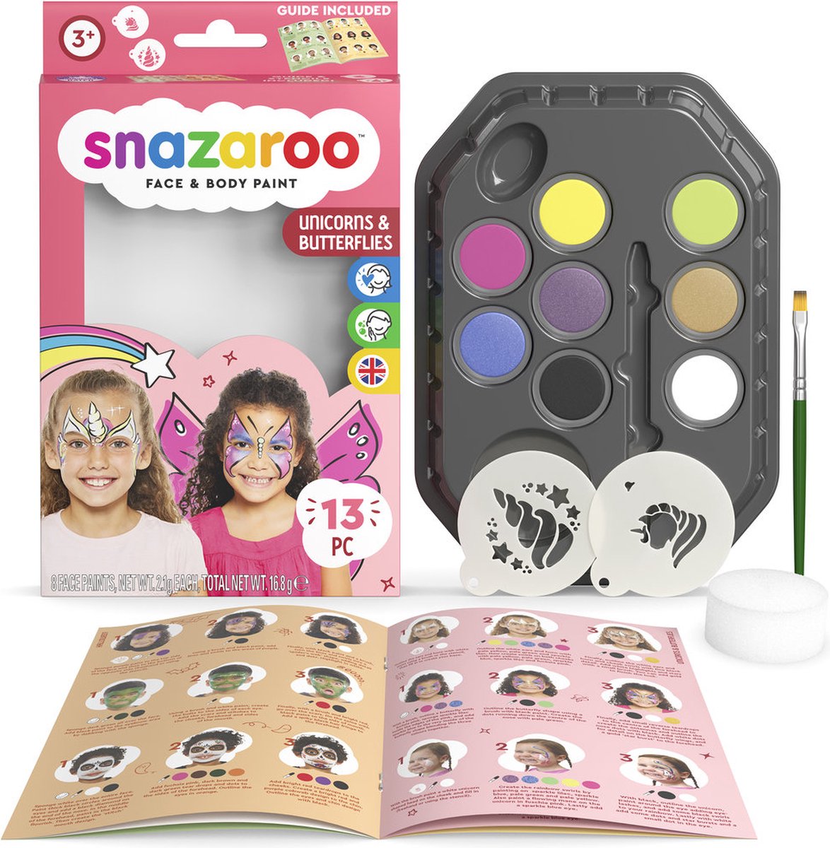 Snazaroo 1172181 Einhorn-Schmetterlings-Aqua-Schminkfarbe – Gesichtsfarbe für Kinder – Einhorn-Schmetterlings-Schminkset – sicher, hypoallergen