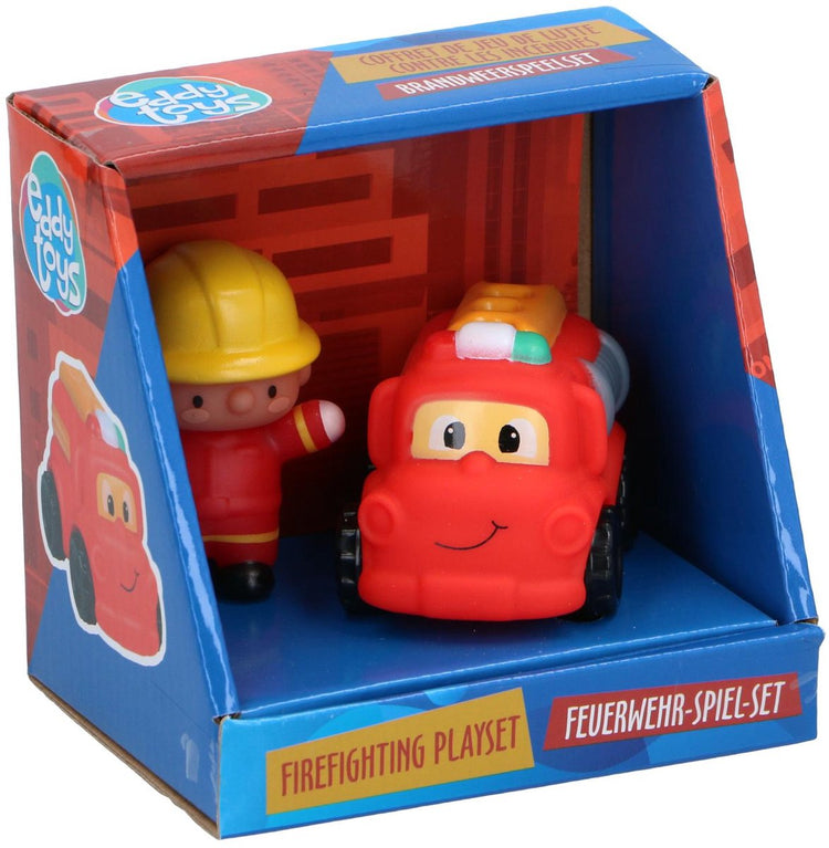 Let's Play Eddy Toys Feuerwehr-Spielset – Feuerwehrauto mit Feuerwehrmann – Spielzeugfahrzeug für Kinder – Rot
