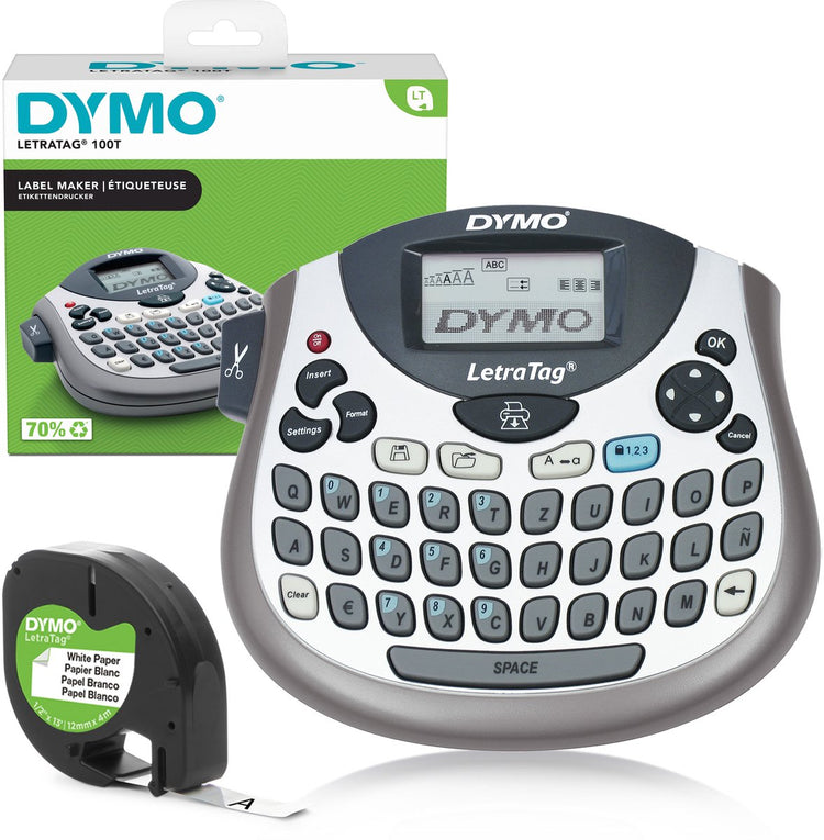Dymo letratag lt-100t Etikettendrucker | tragbarer Etikettendrucker mit QWERTZ-Tastatur | Silber | Ideal für das Büro oder Zuhause
