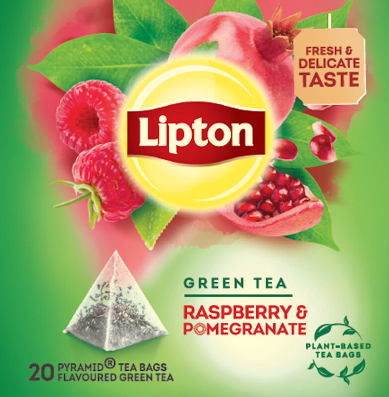 Lipton Grüner Tee Himbeere Granatapfel – 80 Pyramidenteebeutel – Grüner Tee Himbeere Granatapfel – 4 x 20 Beutel – Vorteilspackung