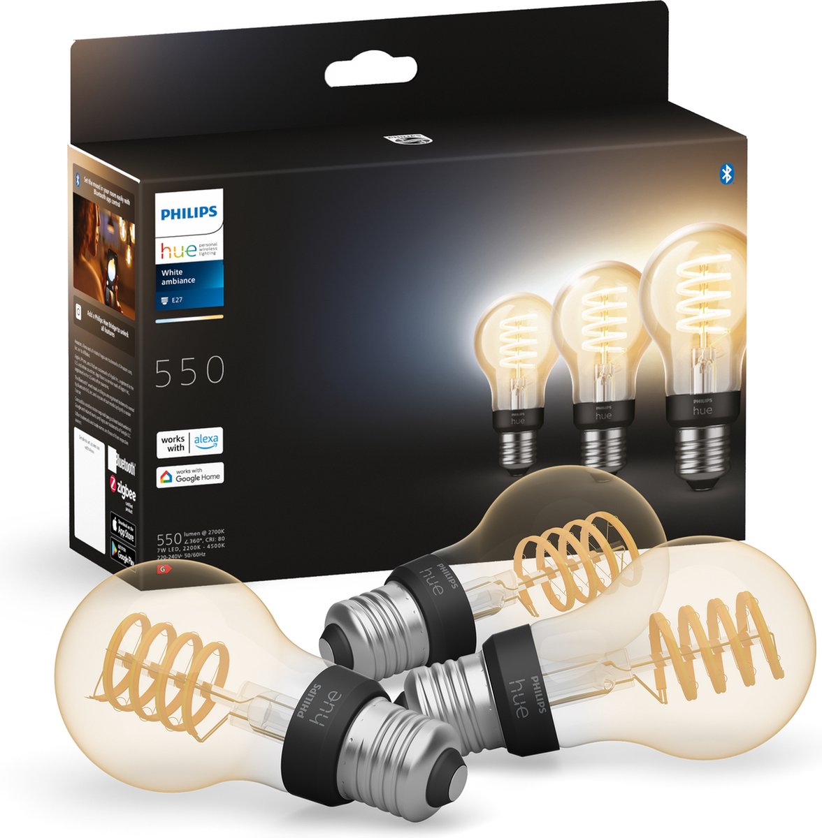 Philips Hue Filament Standardlampe A60 – warmes bis kaltweißes Licht – 3er-Pack – E27