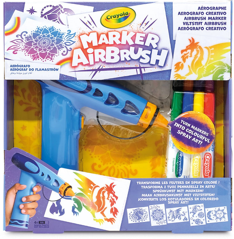 Crayola Marker Airbrush – Hobby-Set – kreativer Farbsprüher für Kinder mit 8 abwaschbaren Markern und 5 Schablonen – Lernspielzeug für künstlerische Aktivitäten – ab 6 Jahren
