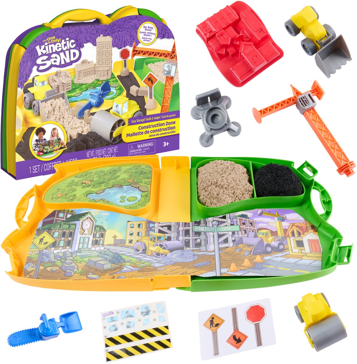 Kinetischer Sand – Baustellen-Spielset mit formbarem Spielsand – 453 g Spielsand, 2 Spielzeug-LKWs, Kran, Werkzeug und Aufbewahrungsbox – sensorisches Spielzeug