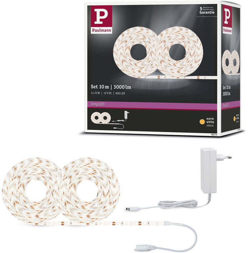 Paulmann einfacher LED-Streifen 10 Meter warmweiß 3000k - Plug-Play-Set - 22W - 300 lm m - 60 LEDs m - für den Innenbereich - beschichtet