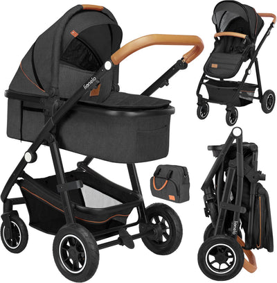 Lionelo Amber 2 in 1 – Kinderwagen – Reisebett + Buggy – von der Geburt bis 22 kg (0–4 Jahre) – Luftreifen – Vollfederung – bequeme Matratze – schnell faltbar – Wickeltasche – Moskitonetz – Regenschutz – Wickelunterlage – Kinderwagen – Baby-Kleinkind