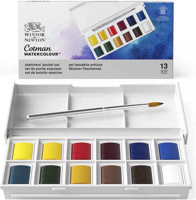 Winsor Newton 0390640 Cotman Aquarellfarben-Set – Taschenset für Skizzierer – 12 Farben Aquarell – Kompaktes Aquarell-Set mit Reisepinsel