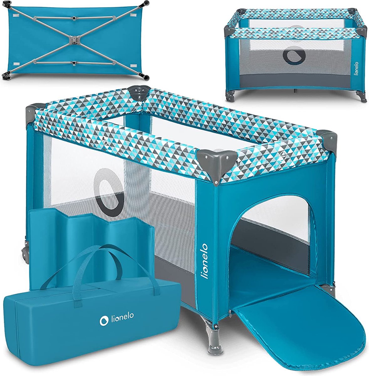 Lionelo Campingbett 3 in 1 – Babybett, zusammenklappbarer Laufstall, Reisebett – 60 x 120 cm – 0–36 Monate bis 15 kg – mit Komfortmatratze – Seiteneingang mit Reißverschluss – Rollen – Transporttasche – Stefi-Babybett, Babybox, Kinderbett