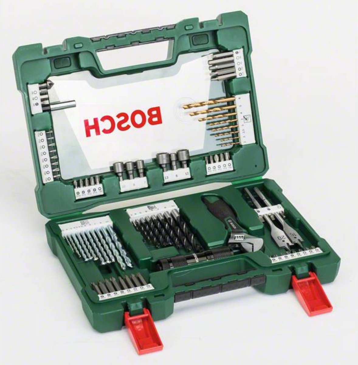 Bosch V-Line Titan-Bohrer- und Schraubendreher-Bit-Set – mit LED-Lampe und verstellbarem Schraubenschlüssel – 83-teilig – für Holz, Metall und Stein