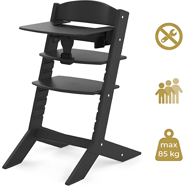 Geuther Holzhochstuhl – Syt – mitwachsender Stuhl für Kinder von 6–36 Monaten – inklusive Essenstablett – 5-Punkt-Sicherheitsgurt – 61 x 49 x 83 cm – schwarz