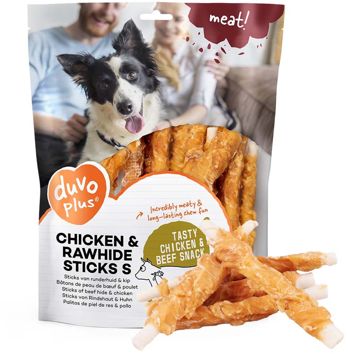 Duvo plus Fleisch! Snack-Hähnchen-Rohleder-Sticks für Hunde, S-12,5 cm, 1 kg