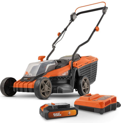 Powerplus Dual Power Akku-Rasenmäher powdpglws1 – 20 V, 340 mm ø Rasenmäher, mit Akku und Ladegerät, mit 30 l Grasfangkorb und Heckauswurf