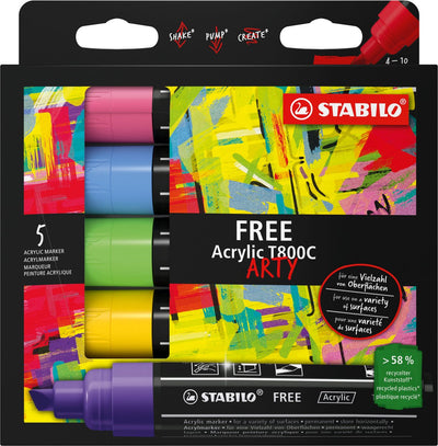 Stabilo Free Acrylic – Acrylmarker – T800C Seaside Set – abgewinkelte Spitze 4–10 mm – Etui mit 5 Farben