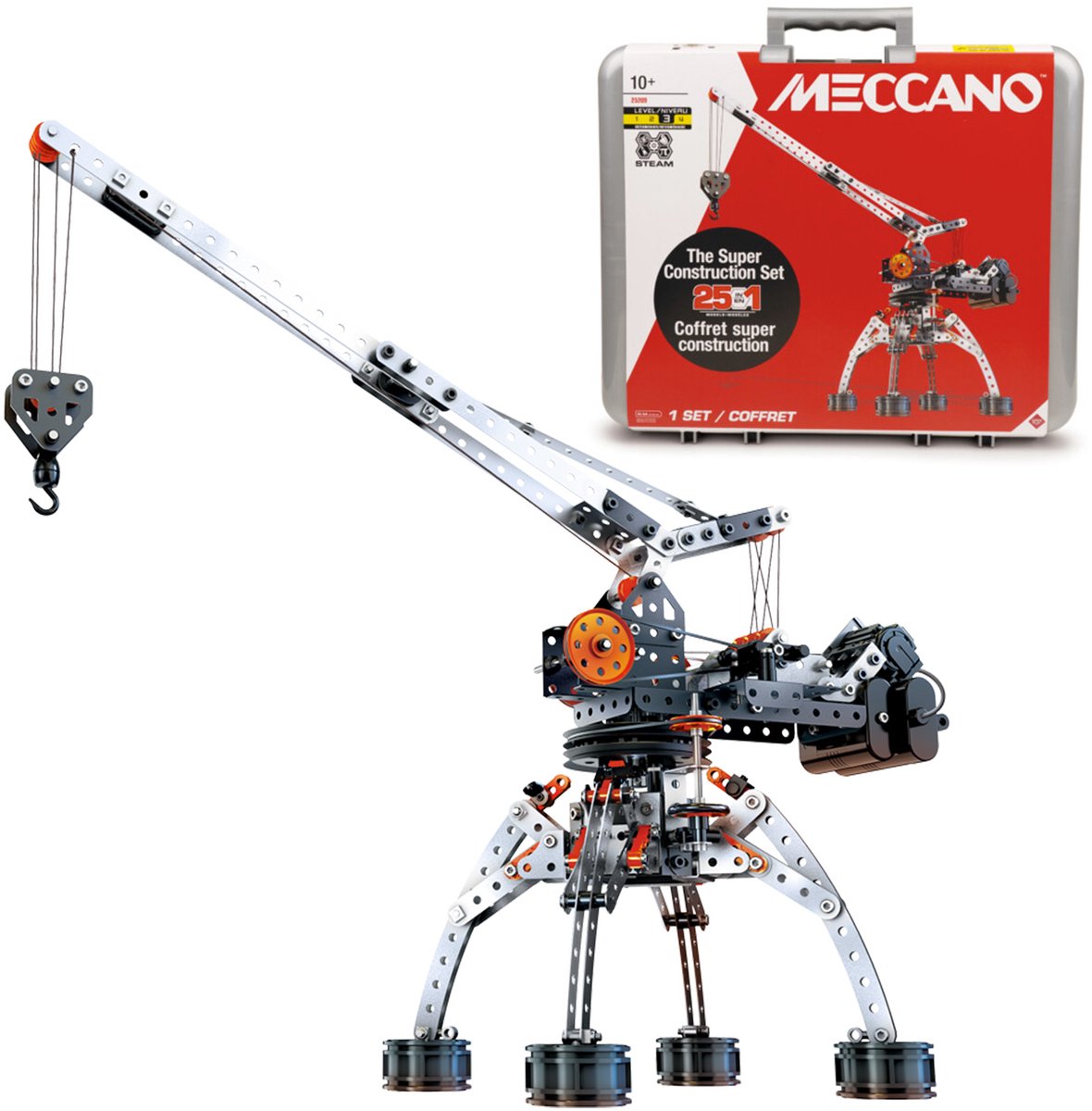 Bandai – Meccano Super Construction 25 in 1 – Aufbewahrungskoffer – 638 Teile, Motor, Werkzeuge, Anleitung – Montage-Aktivitätsset 25 Modelle von Fahrzeugen, Maschinen – Kinderspielzeug ab 10 Jahren – APM11107