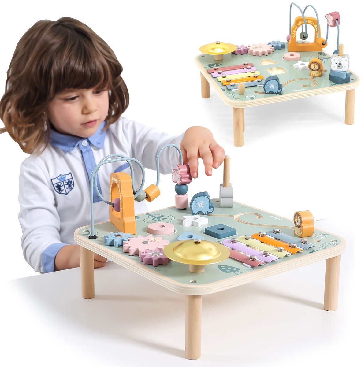 Polarb Holz-Aktivitätstisch Baby – multifunktionaler Spieltisch mit Formensortierer, Perlenbahn, Zahnrädern und Musikinstrumenten – Lernspielzeug ab 18 Monaten