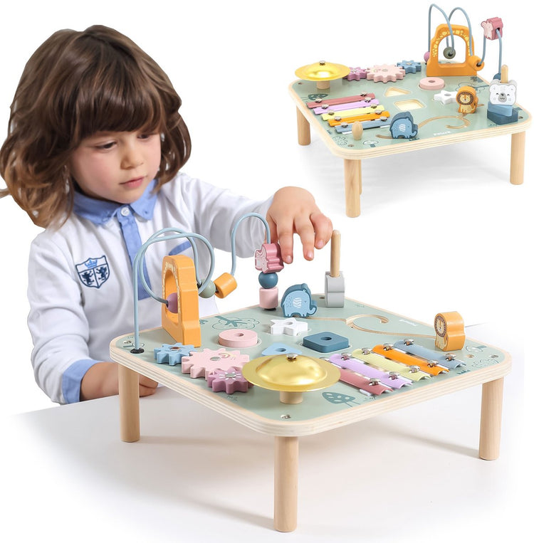 Polarb Holz-Aktivitätstisch Baby – multifunktionaler Spieltisch mit Formensortierer, Perlenbahn, Zahnrädern und Musikinstrumenten – Lernspielzeug ab 18 Monaten