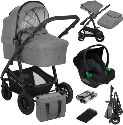 Lionelo Bianka Kinderwagen 3 in 1 – Babywanne + Kinderwagen + Autositz – große Luftreifen, Vollfederung – klappbar – verstellbare Schiebestange – Buggy-Wendesitz – 0–22 kg – Zubehörset – Grau