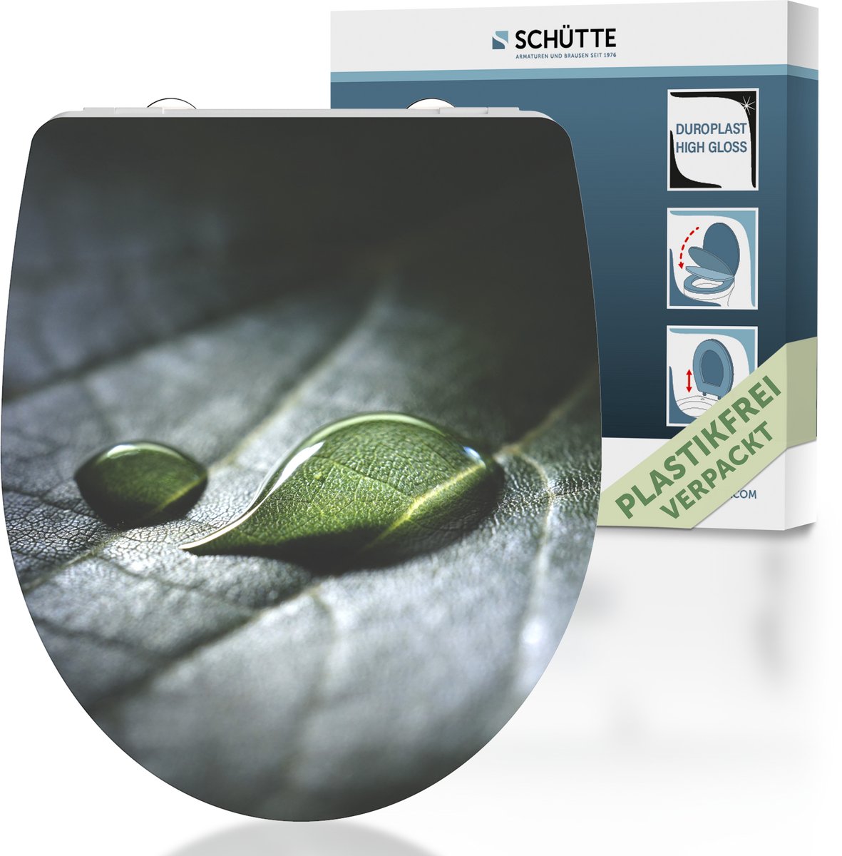 Schütte WC-Sitz 82583 Raindrop - Hochglanz - Duroplast - Absenkautomatik - klickbar - Edelstahlscharniere - Belastbar bis 175 kg - Dekor - 1-seitiger Druck