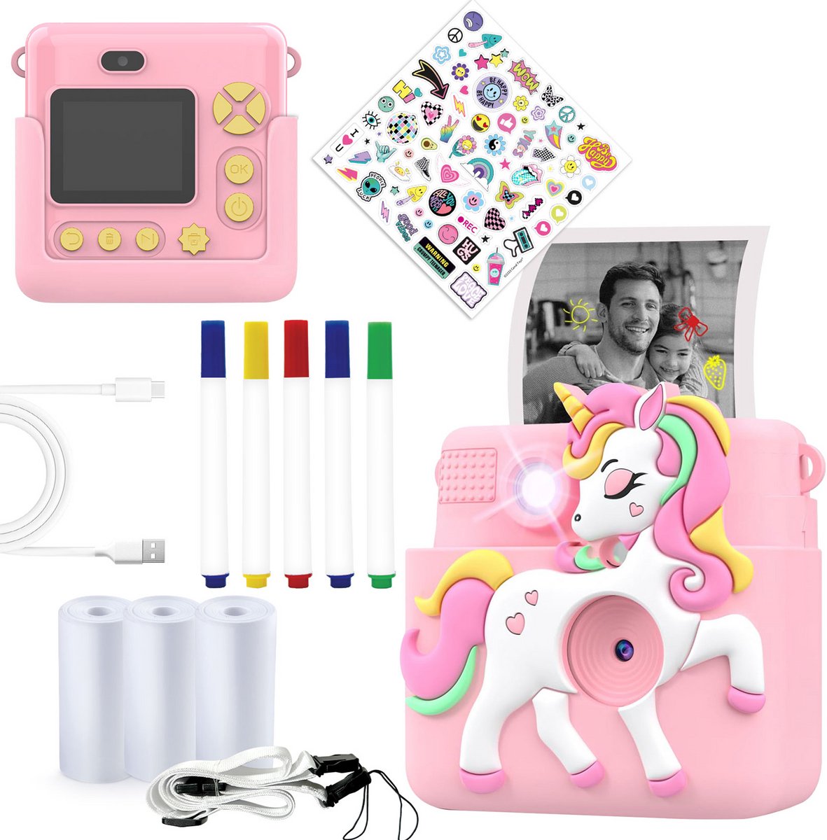 Denver Kinderkamera Full HD mit Drucker – Selfie-Kamera – 20 MP – Digitalkamera Kinder – Foto – Video – Spiele – kpc1363 rosa